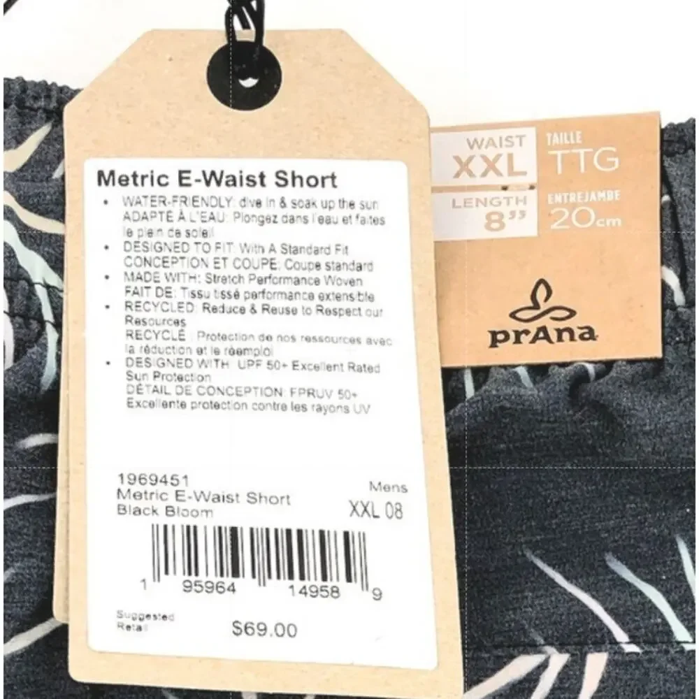 PRANA Men's Metric Swim Shorts XXL Black Bloom Print 8